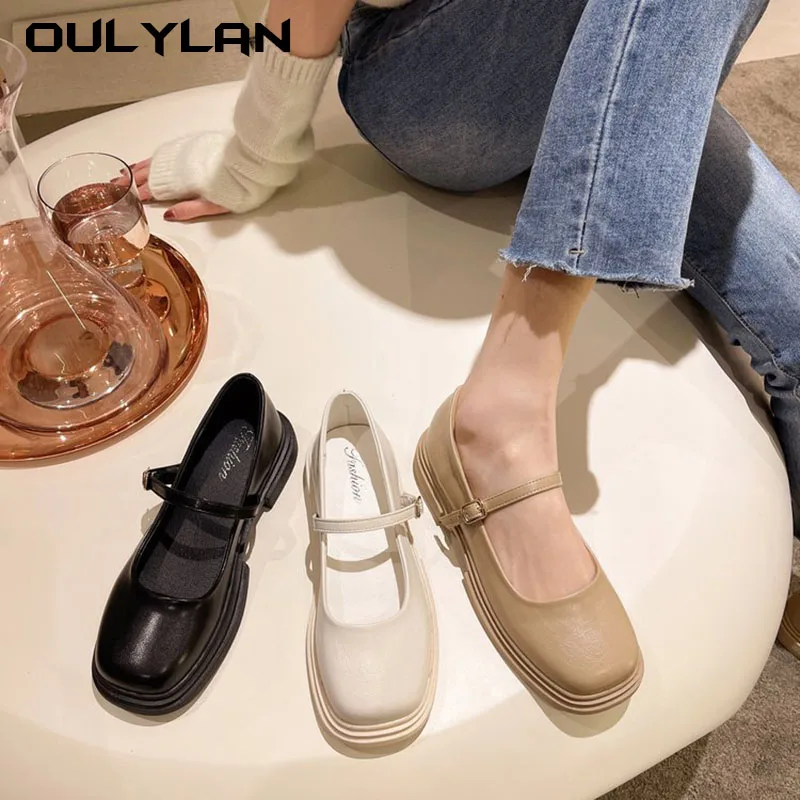 2024 Summer New Square Head Shallow Mouth Single Shoes for Women with One Word Buckle Flat Bottom Mary Jane Small Leather Shoes