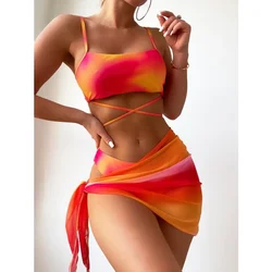 2024 New Women Tie Dyed Split Bikini Sexy Hip Lifting Mesh Gradient Beach Three Piece Set Cross Swimwear Girl