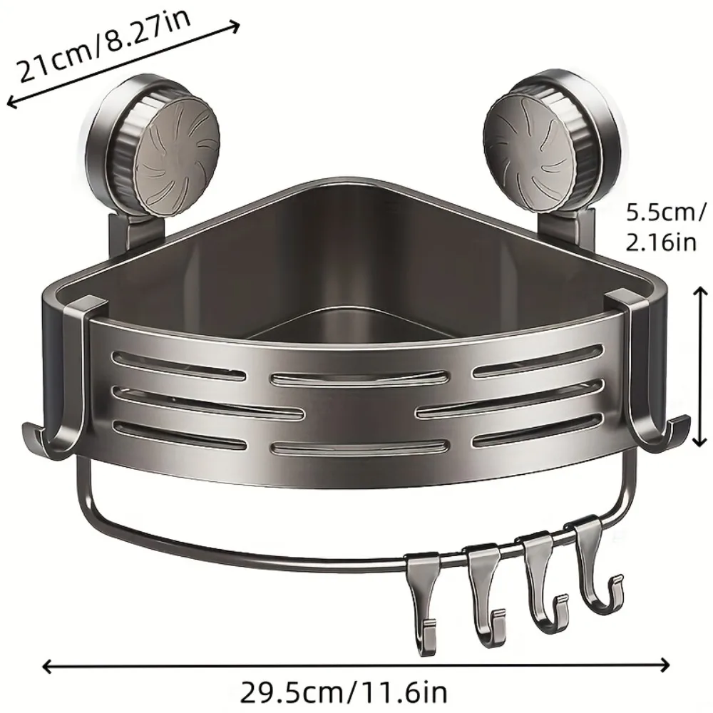 رف حمام موفر للمساحة بدون حفر، رف مثلث مع خطافات يستخدم لمنظم تخزين مرحاض الاستحمام