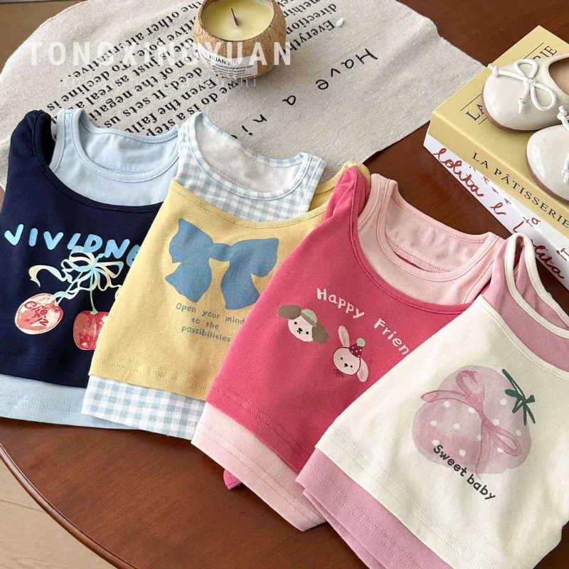 

Girls' Spring and Autumn New Fake Two-PieceTT-shirt2025New Cartoon Animal Print Cute Topst