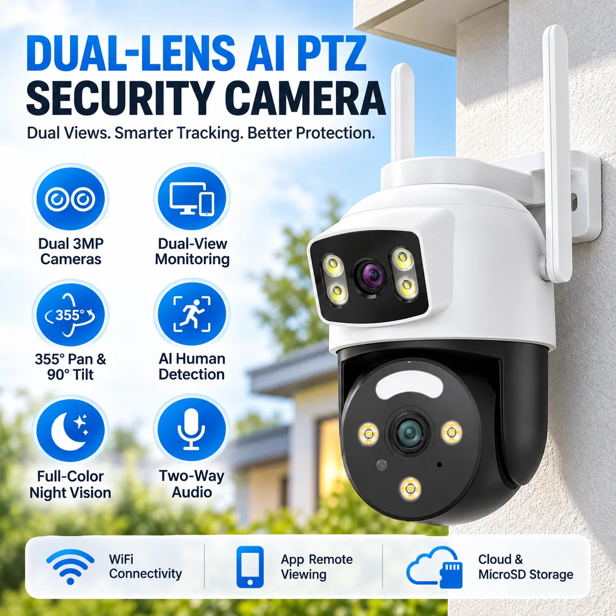 Dual-Lens 3MP+3MP WiFi Security Camera Dual View 355° Pan 90° Tilt AI Human Tracking Full Color Night Vision Two-Way Audio
