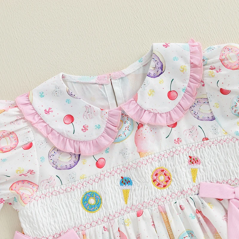 Gaun Ulang Tahun Anak Perempuan Balita Camilan Manis Gaun Lengan Pendek Gelembung Kerah Boneka Cetak Taburan Cupcake dengan Ceri