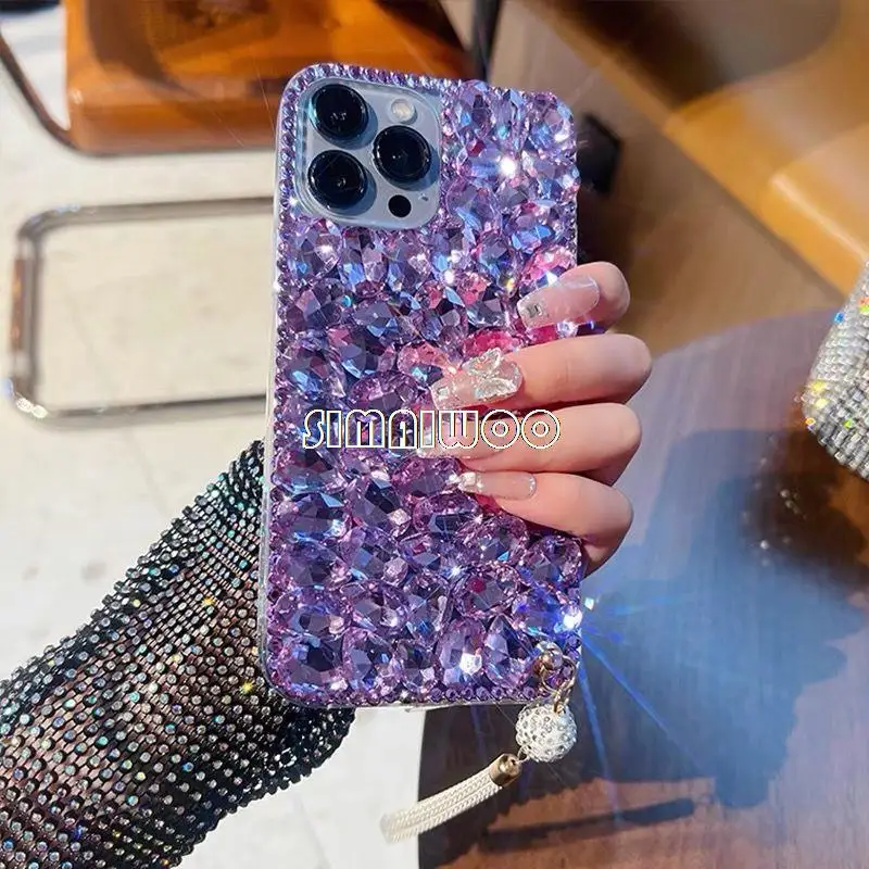 Luxury Glitter Violet Phone Case Bedazzled iPhone 16 Cover Hand-applied Rhinestone Mobile Protective Case Sparkle Birthday Gift