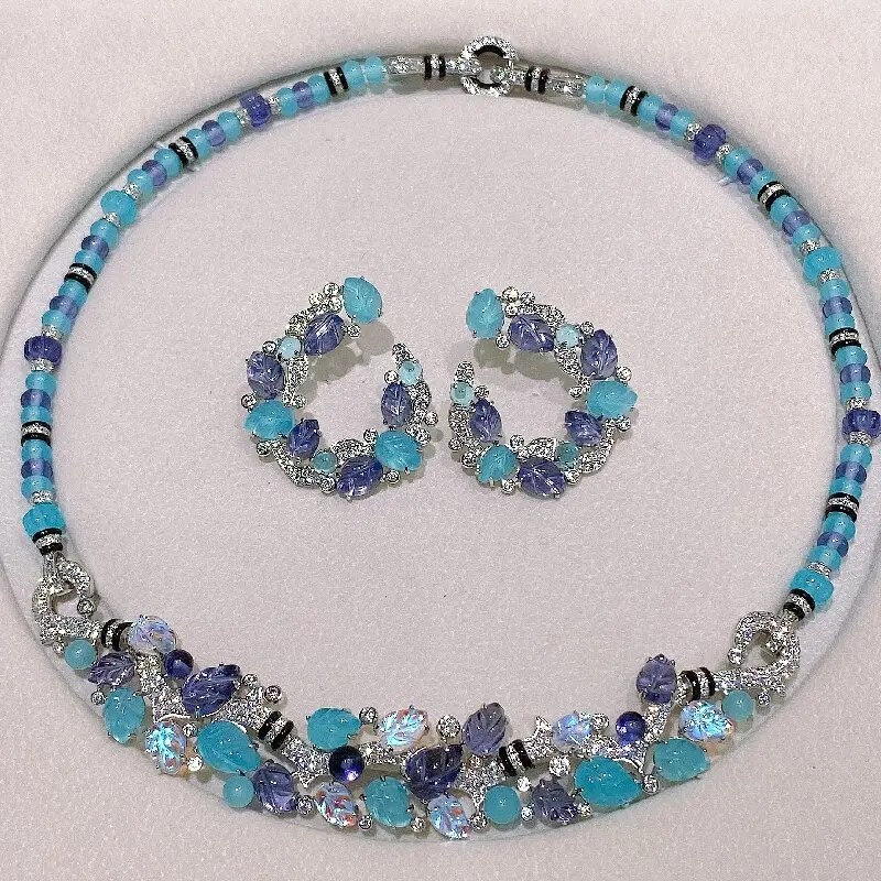 

ARIGAYA 925 Sterling Silver Jewelry Sets Sea Blue Opal Crystal Collar Choker Necklace Earrings Fruit Style Oval Color Zircon