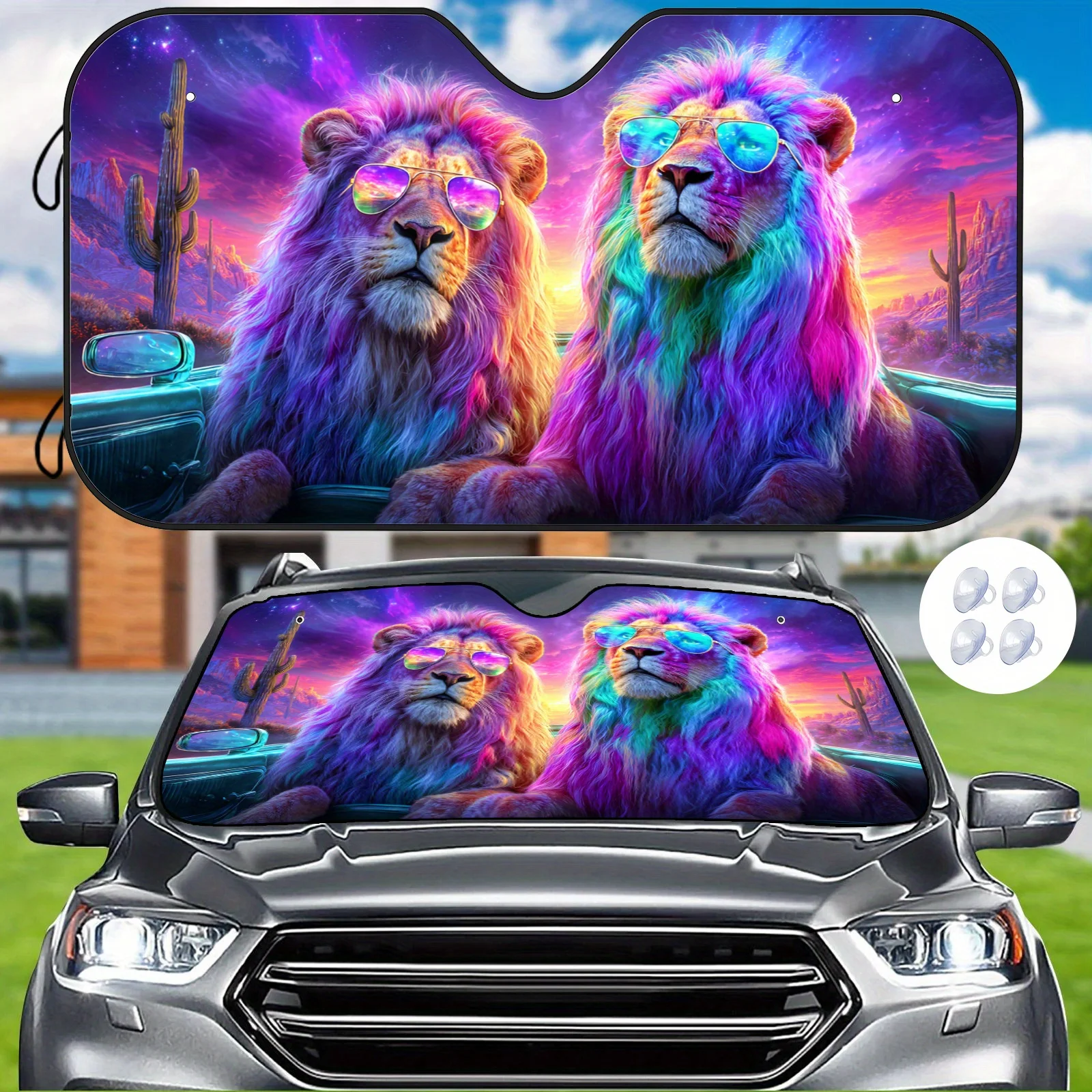 Colorful Lion Car Sunshade With Fashion Glasses, Dreamy Convertible Pattern For Heat Reduction And Temperature Control, Includes
