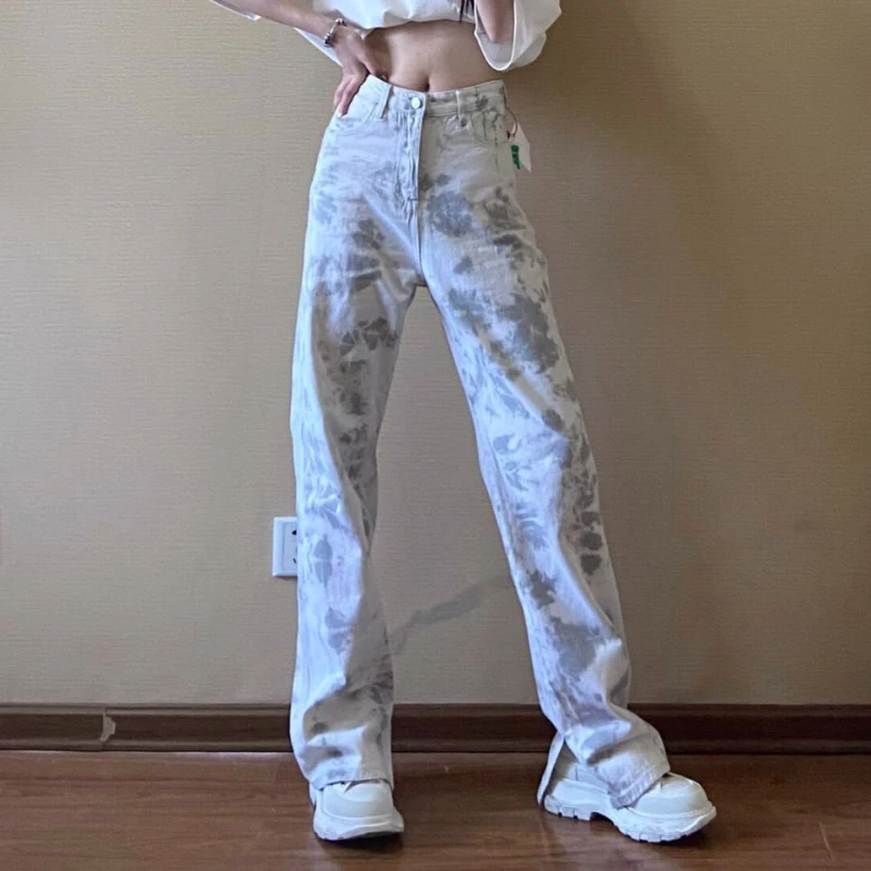 Summer Street Hip-hop Vintage Tie Die Camouflage Loose Straight Jeans Women's High Waisted Button Zipper Pockets Cargo Pants