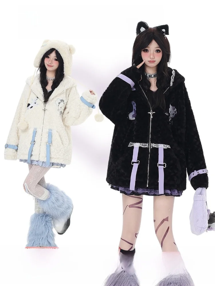 

Crazygirl Sweet Cute Girl Warmth Ear Hooded Loose Lamb Fur Jaet Winter Women's Cotton Clothes Long Sve Thiened Coat
