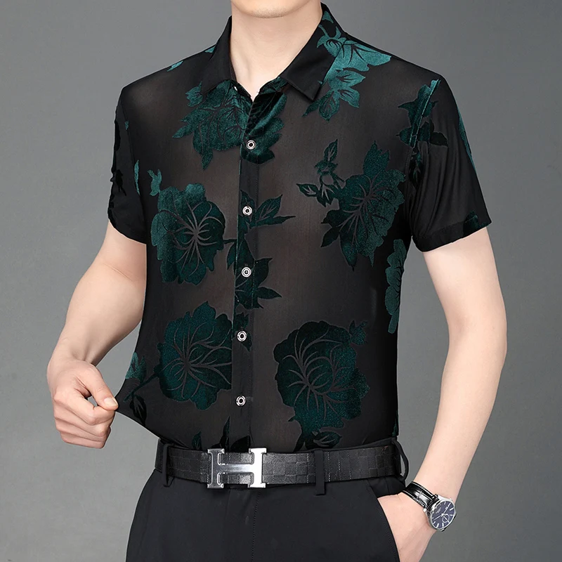 Transparent Shirt for Man 2023 Summer Sexy See Through Clothing Tops Mens Short Sleeve Floral Silk Dress Shirts