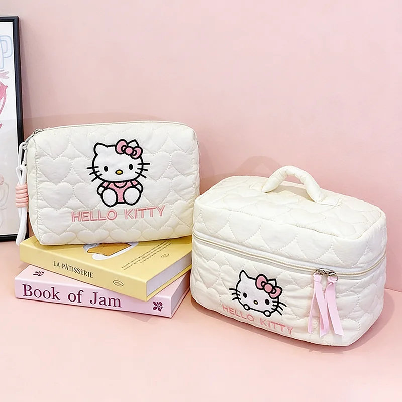 Bolsa de Maquiagem Acolchoada Hello Kitty com Textura Nuvem Macia, Grande Capacidade, Bolsa de Armazenamento de Cosméticos para Viagem, Necessaire, Presentes Femininos