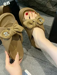 Female Shoes House Slippers Platform Butterfly-Knot Slides Low 2024 Summer Rubber PU Rome Fabric Butterfly-knot Hoof Heels