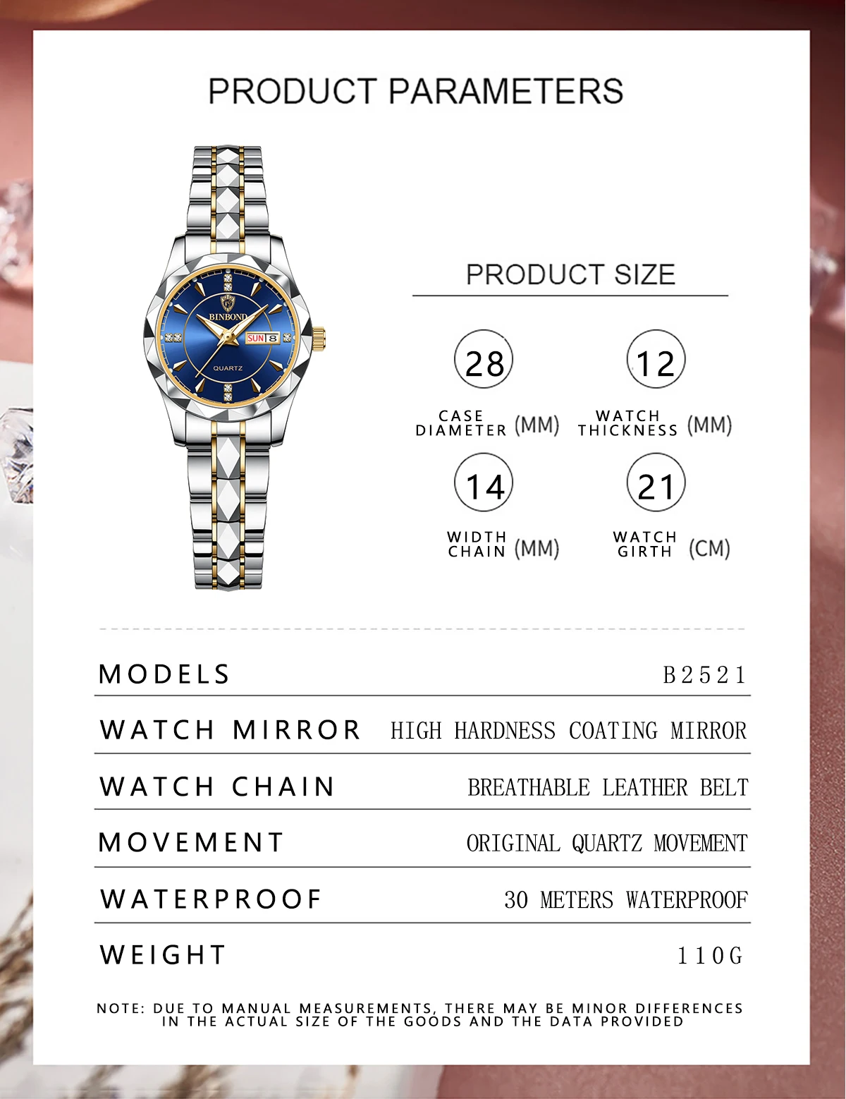 BINBOND Luxus-Quarz-Armbanduhren für Damen, leuchtend, wasserdicht, Wochenanzeige, automatisches Datum, Damenuhren, modisch, lässig, Reloj – Detail 9