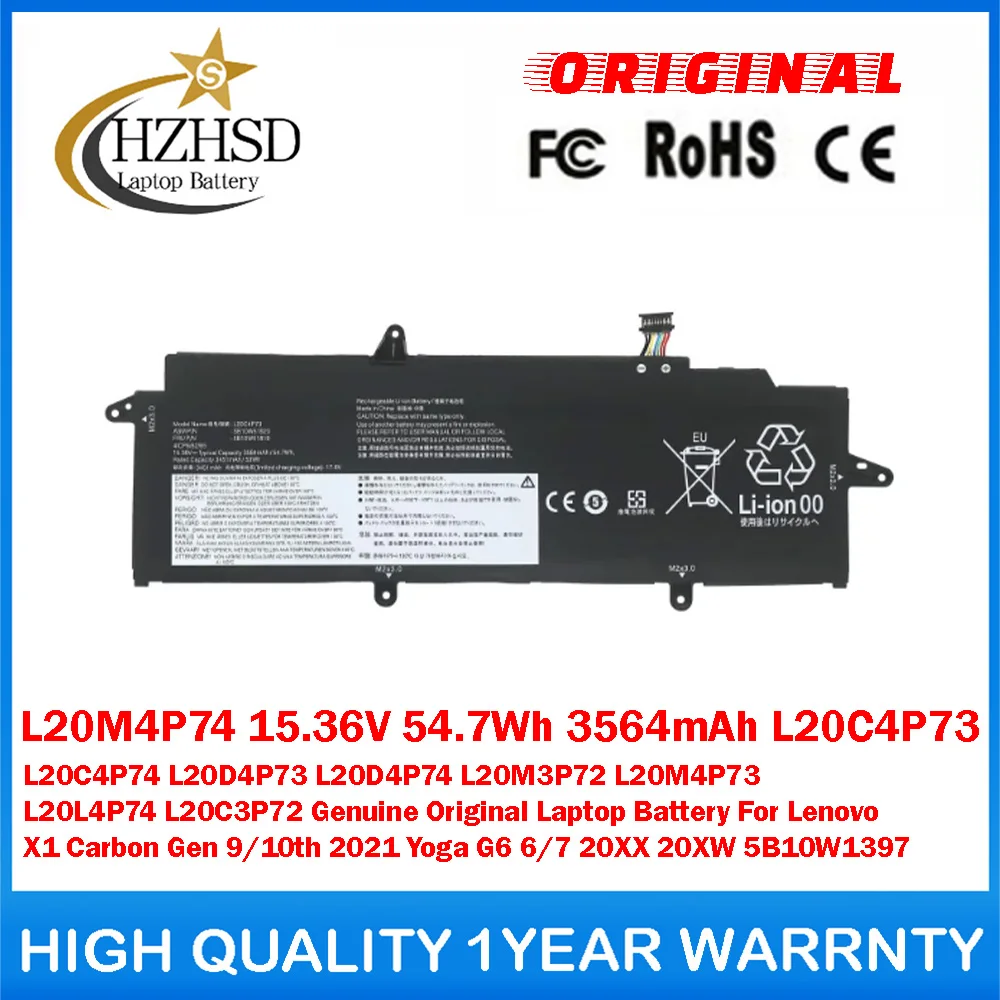 

L20M4P74 15.36V 54.7Wh 3564mAh L20C4P73 L20C4P74 L20D4P73/4 L20M3P72 Genuine Original Laptop Battery For Lenovo X1 Carbon Gen 9