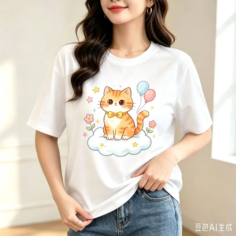Orange Cat Cloud Balloon Women T Shirt Cute Animal Print Modal Fabric Casual Short Sleeve Tee Tops Birthday Gift for Her