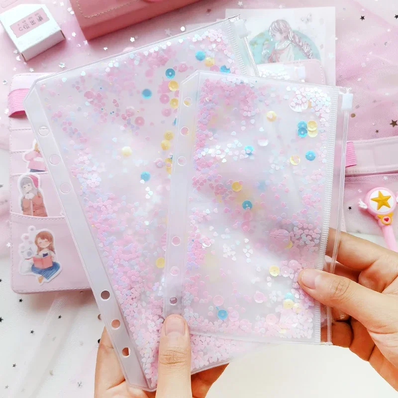 Cute Sequin Zipper Bag Notebook Pvc Pocket Shake Cards Storage Bag for Spiral A5A6 Planner Accessories Office School Stationery