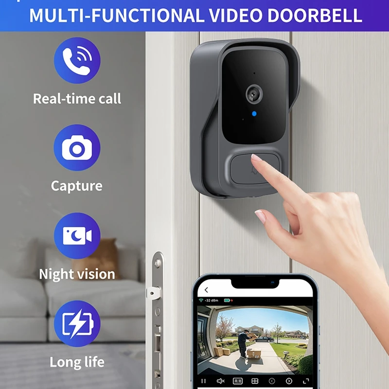 Smart Wireless Video Doorbell Camera Alarm Security Remote Monitoring Two-Way Intercom High Definition Night Vision for Home