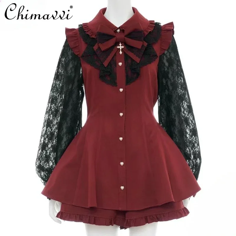 

Japanese Sc Lolita Sets New 2024 Autumn Mine Series Mass-produced Cross Bow Lace Sleeve Dress and Shorts Women's Two-piece Set