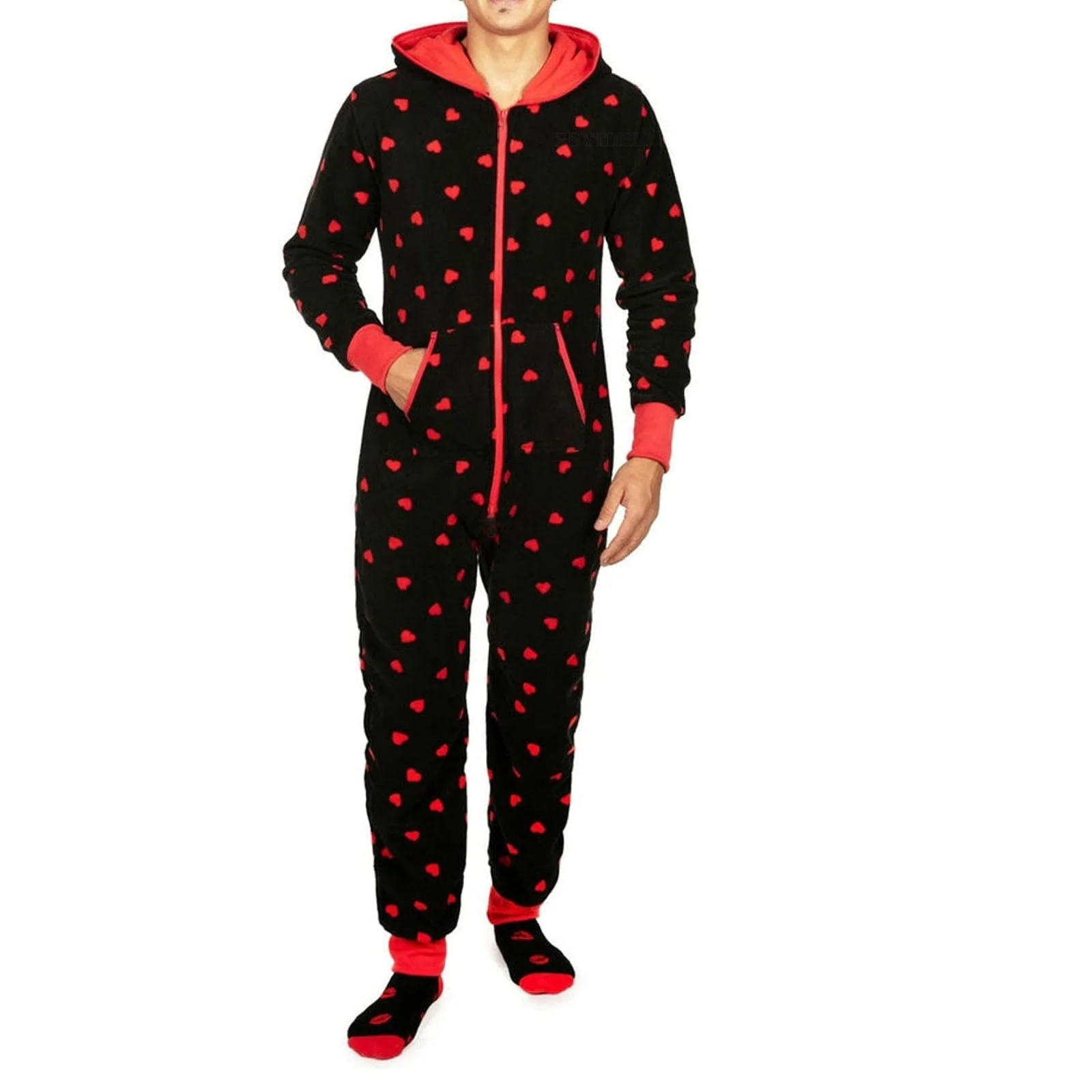 Christmas Autumn Winter One Piece Pajamas Valentine\'s Day Couple Dress Hooded Love Print Homewear Zipper Sleepwear