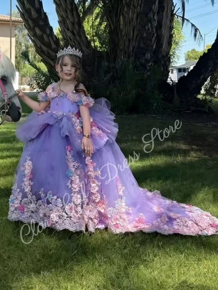 

Gorgeous flower girl dress, lavender fluffy tulle skirt, wedding dress, exquisite floral appliques, evening party gown