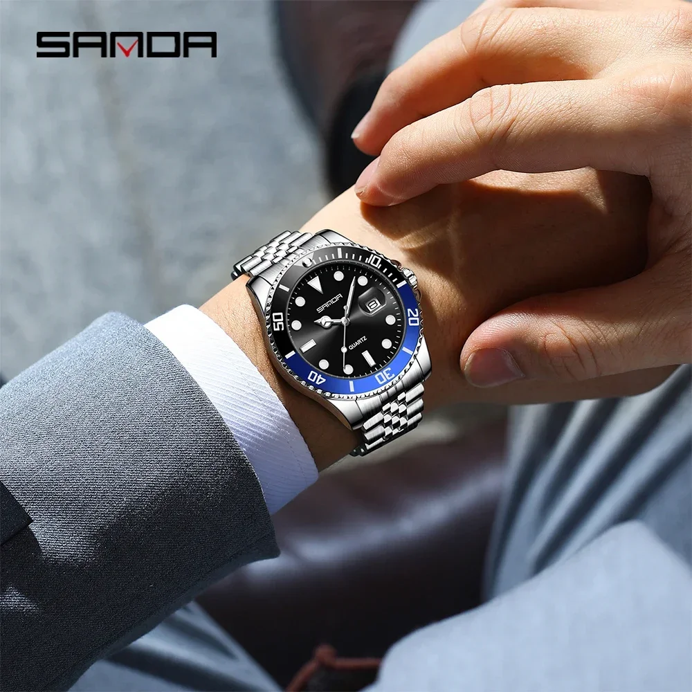 SANDA SD1099 Reloj de cuarzo de lujo a la moda para hombre, reloj de cuarzo fantasma de agua verde, calendario de luz nocturna, reloj de cuarzo resistente al agua