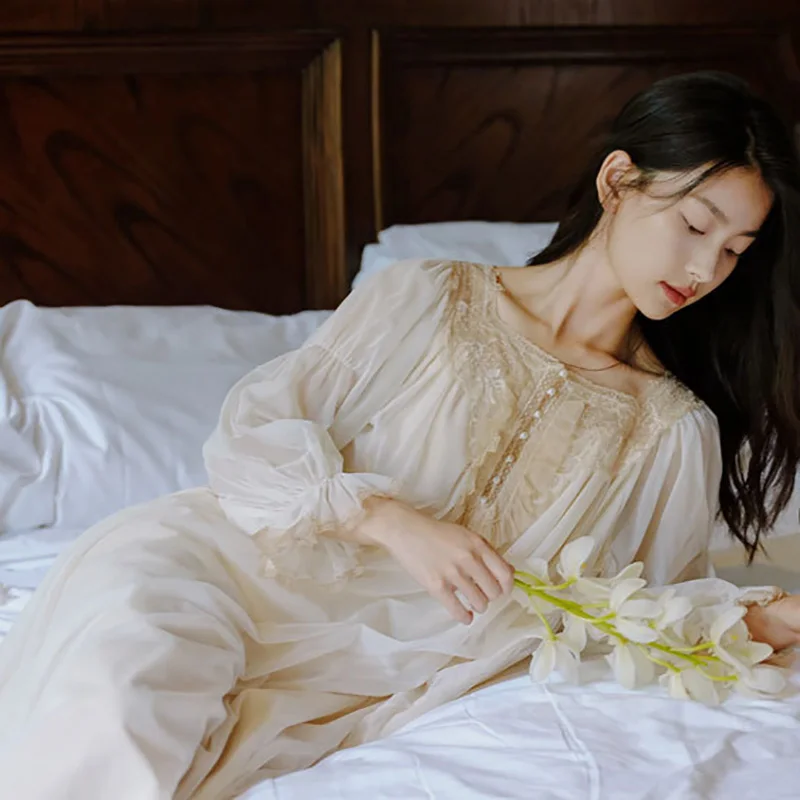 

Французская красивая ночная сорочка для весны и лета в ретро-стиле, кружевной халат в дворцовом стиле для осени и зимы, домашняя одежда для сна