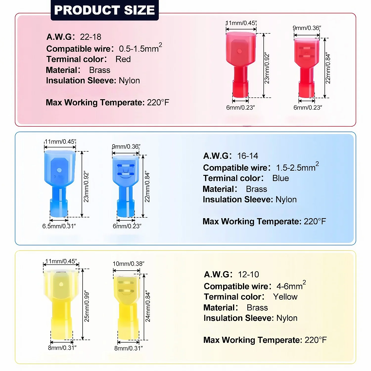 88/108Pcs Spade Connectors Kit, 22-10 AWG Male/Female Terminals, Nylon Insulated Crimp Connectors for Auto, Marine, Home, DIY