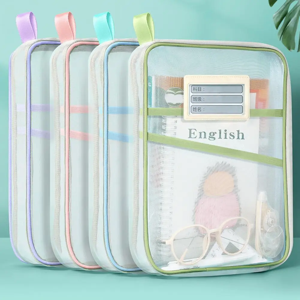 Mesh Document Bag with Zipper And Strap, L Shaped Three Layer Opening Pouch, Transparent File Organizer Office School Supplies