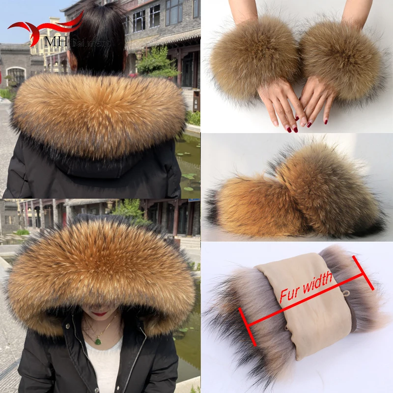 100% Real Raccoon Fur Collar Cuff Set Womens Natural Fur Scraves Fashion Luxury Warm Shawl Detachable Female