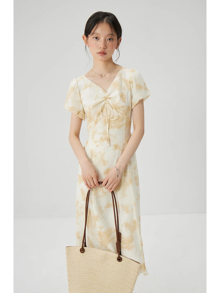 ZIQIAO Petite Blended Printed French Dress for Women\'s Summer 2024 New Vacation Waist Cinching Long A-line Dress 24ZQ92426