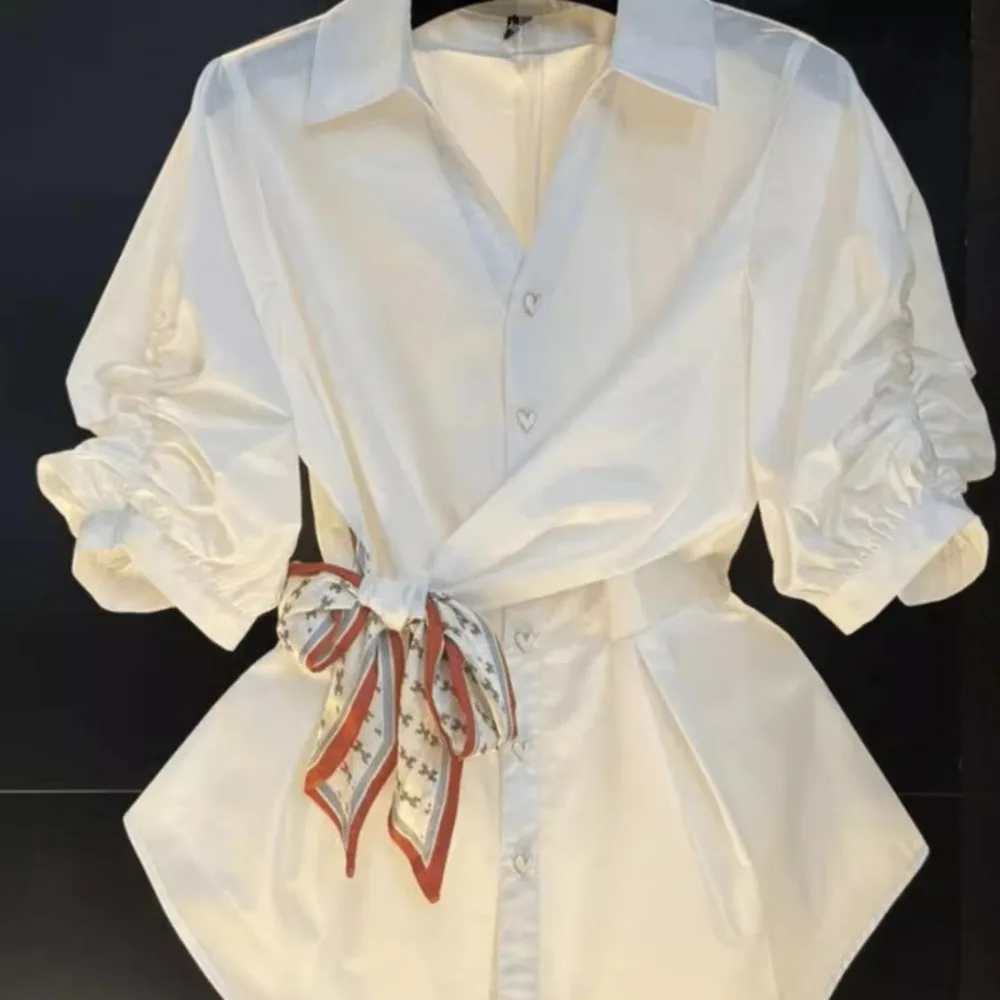 

Chic Silk Scarf Designer White Blouse Elegant Women French Style Summer Pleated Puff Sleeve Polo Shirts Office Lady Slim Fit Top