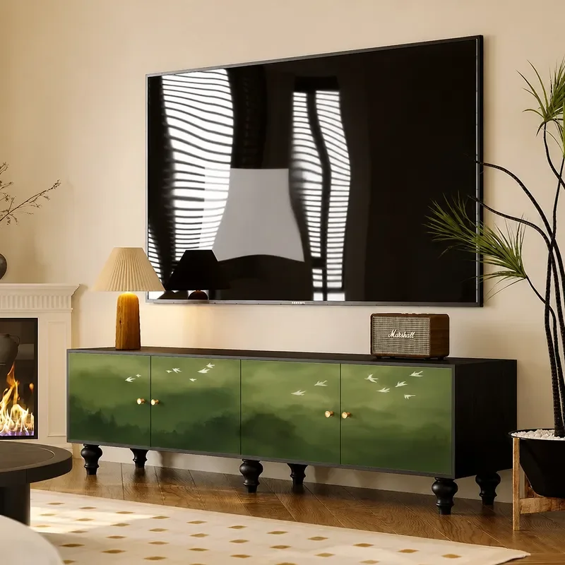 Medieval Green Solid Wood TV Cabinet Living Room Storage Locker Study Bedroom Wall Mounted Cabinet with Door