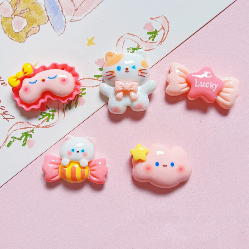 10 Pcs New Resin Cute Cartoon Bow knot Candy Cat Flat bottom Scrapbook Diy Jewelry hair clips Phone case Ornament Accessories