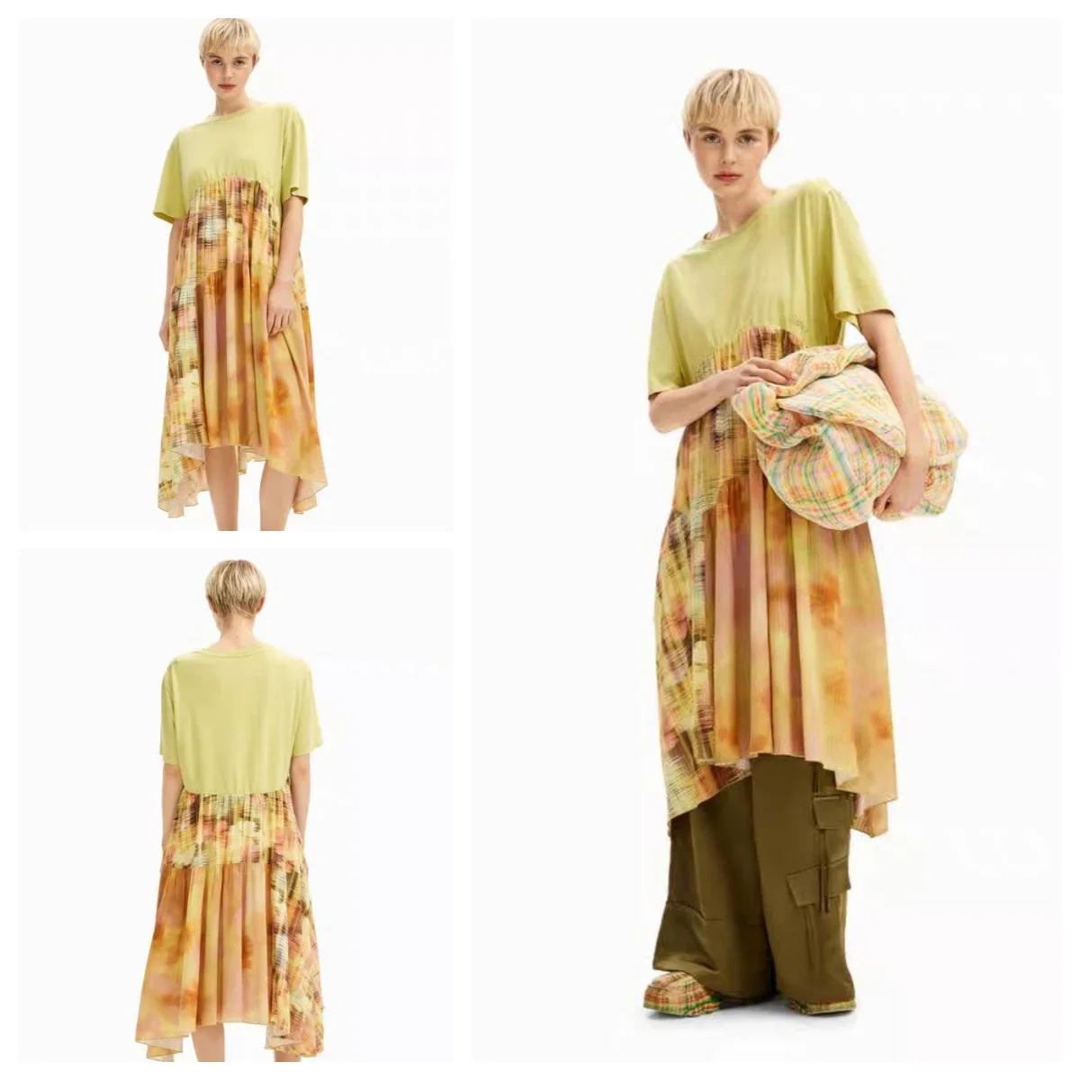 2024 Spanish foreign trade new yellow print beautiful short sleeve women's fashion long dress