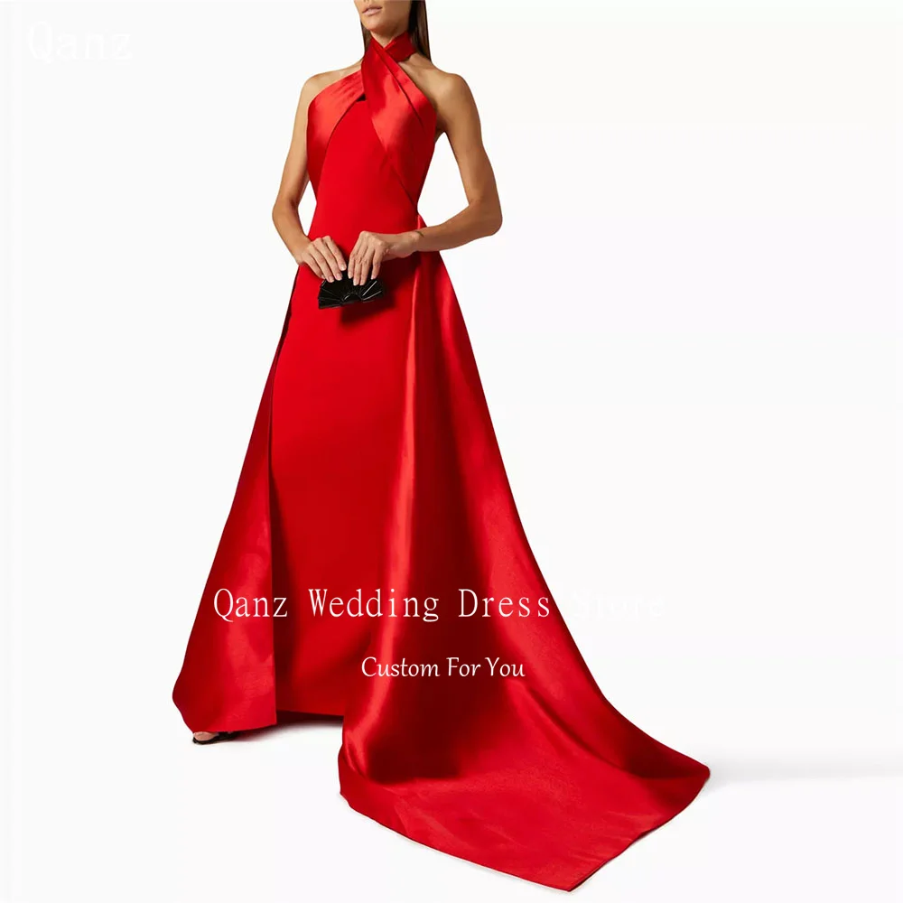 

Qanz Red Arabic Elegant Evening Dresses Halter Neck Backless Mermaid Luxury Dresses Women 2024 Floor Length Party Prom Dresses