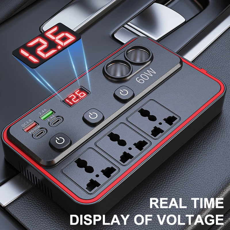 150W Car Inverter DC12V/24V To 220V Converter LED Display Sockets Independent Switch Power Inverter Adapter USB Type-C Charger.
