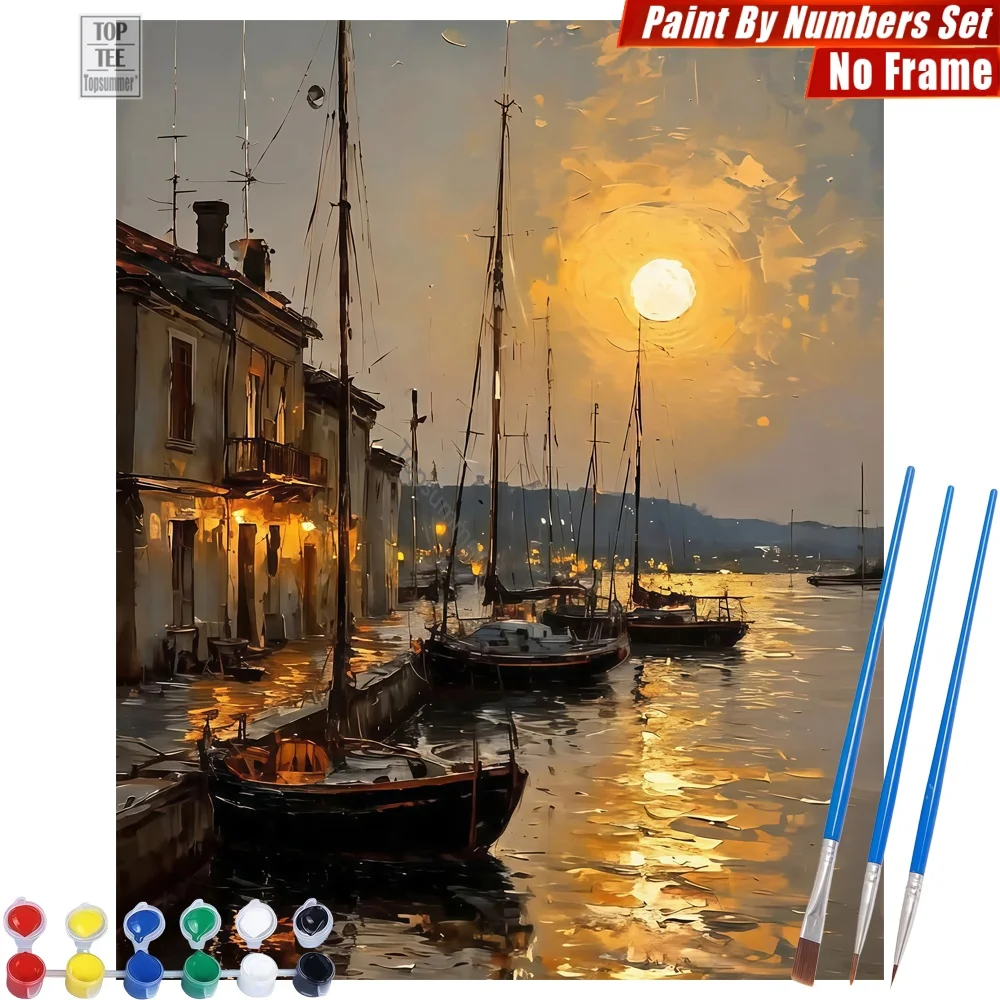 

sailboats harbor dusk Paints By Number Set - boats harbor sunset Abstract Wall Art Day Of The Dead Gift For Grandma