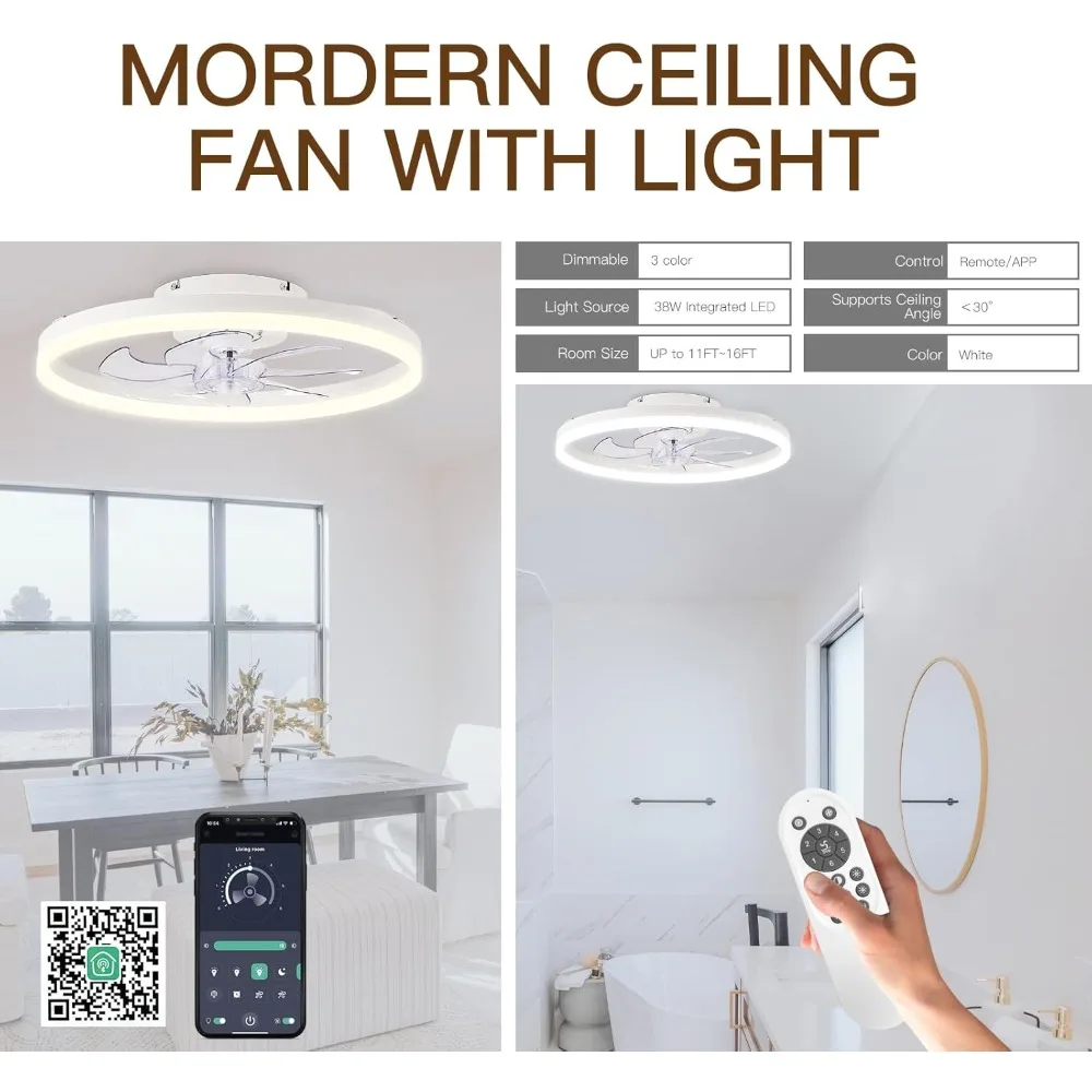 Ceiling Fans with Lights,20" Low Profile Ceiling Fan with Remote Control, Modern Flush Mount Ceiling Fan