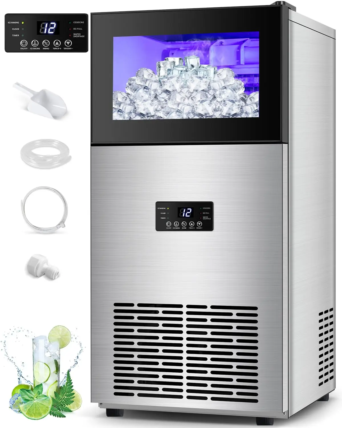

130LBS/24H Commercial Ice Maker Machine with 35LBS Capacity - Stainless Steel Undercounter/Freestanding Ice Cube, Customized