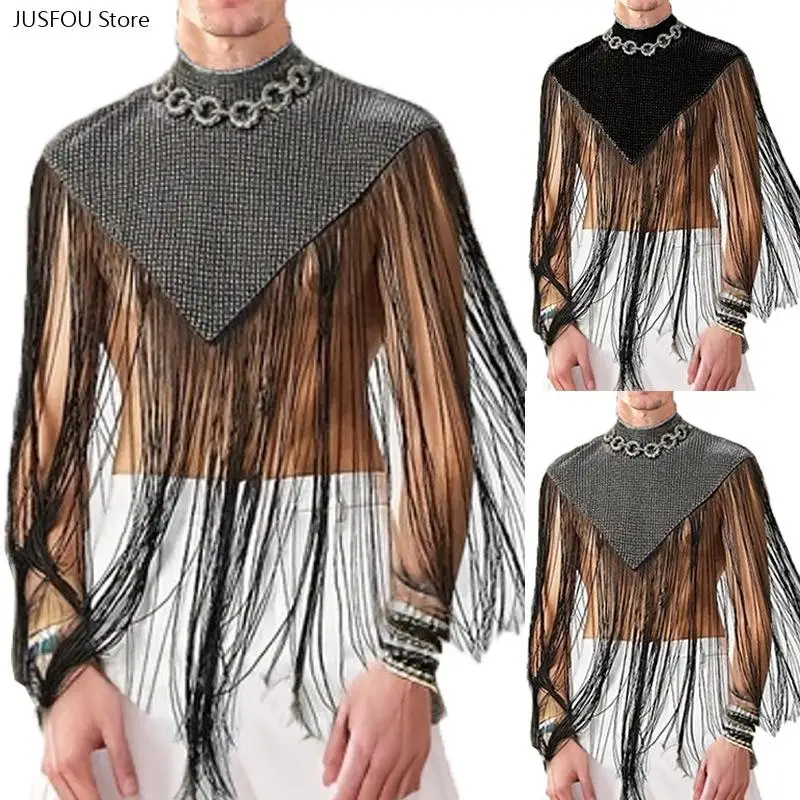 2026 New Men Spliced Sleeveless Cape Vest High Neck Tassel Top Sexy Streetwear European American Fashion Outfit