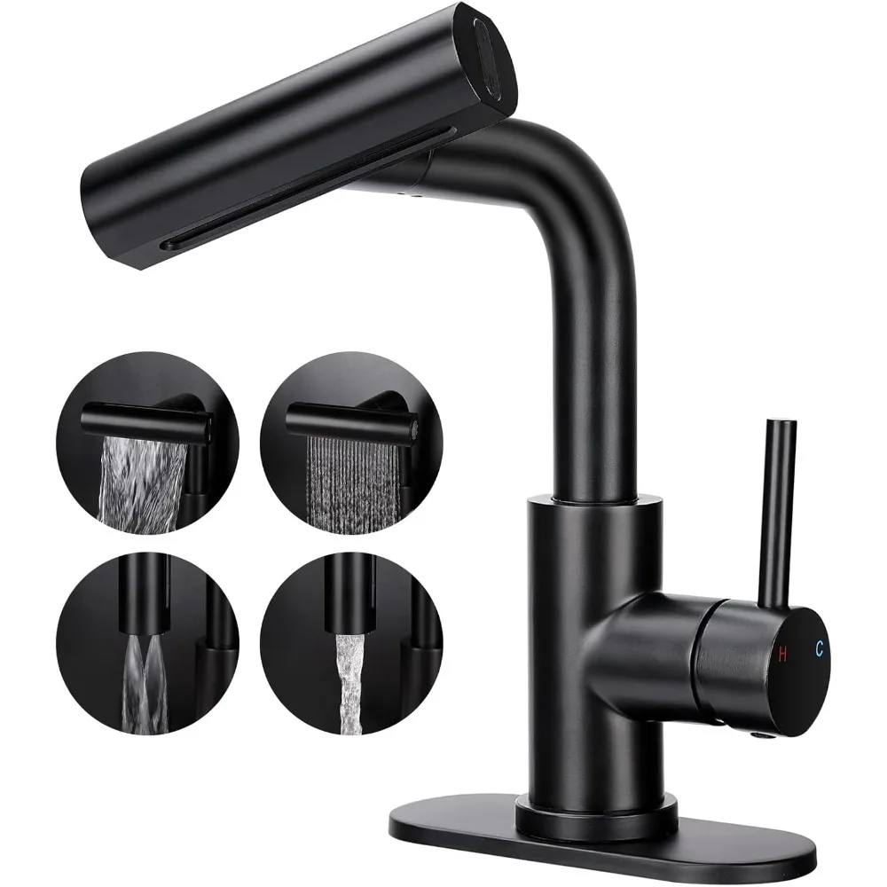

Matte Black 1/3-Hole Single-Handle Bathroom Faucet, 4-Mode Pull-Down Sprayer with Pop-Up Drain & Deck Plate (Laundry/Bar Basin)