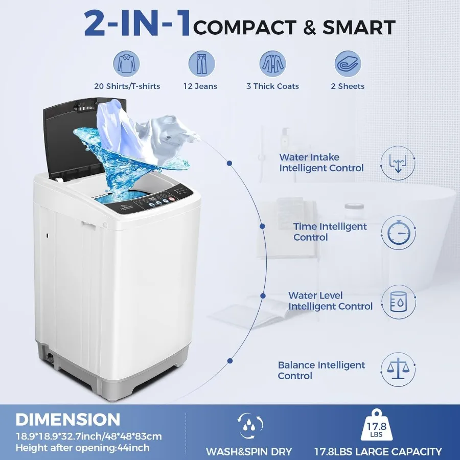 Portable Washing Machine 17.8Lbs Capacity with Drain Pump 2.4Cu.ft Full-Automatic Compact Washer Featuring 10 Wash Programs and