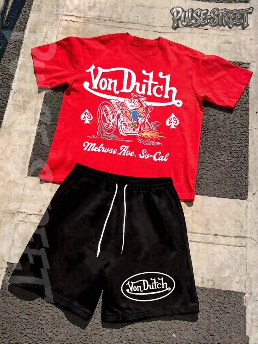 

Mens Red Graphic T-Shirt And Black Shorts Set Vintage Streetwear Motorcycle Print