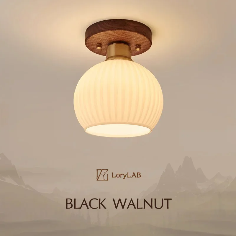 

Modern Wabi-sabi Style Ceiling Light Walnut Wood Brass Art Glass for Commercial Places Living Room Corridors Entrance Halls