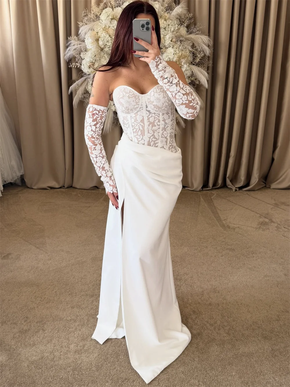 فستان زفاف كيوتو مخصص باللون الأبيض بدون حمالات من الدانتيل حورية البحر أنيق بدون أكمام من فيستدوس دي نوش بطول الأرض للسهرات الرسمية