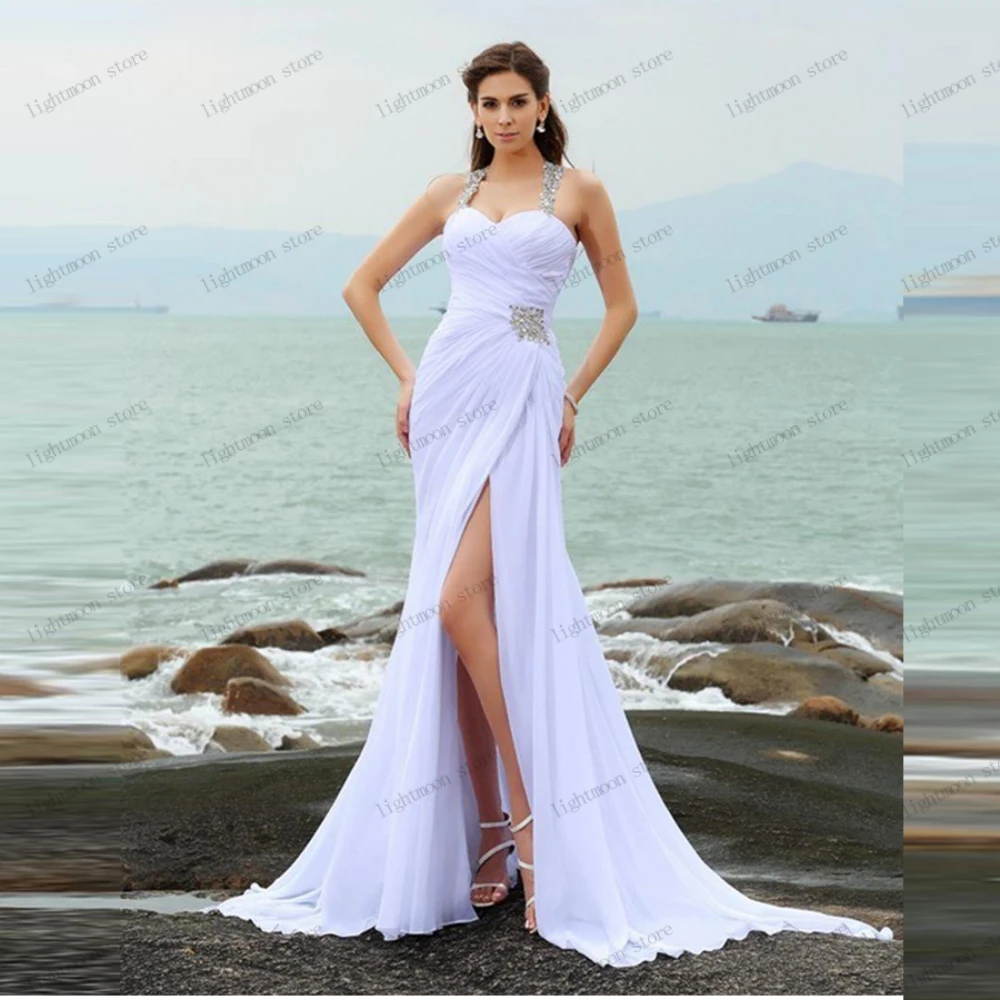 

Graceful Evening Dresses Chiffon Bridal Gowns Lace Appliques Sweetheart Robes For Formal Party Sexy High Slit Vestidos De Noche