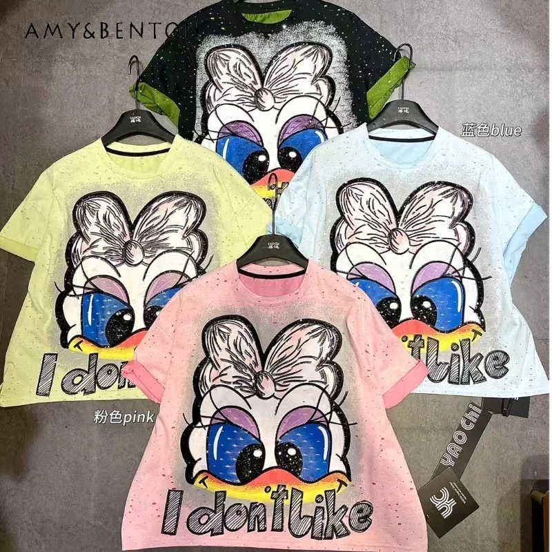 

Hole Design Cartoon Short-sleeved T-shirt Women's 2025 Spring And Summer New Loose Casual Age-reducing Short Top Tshirt Pullover