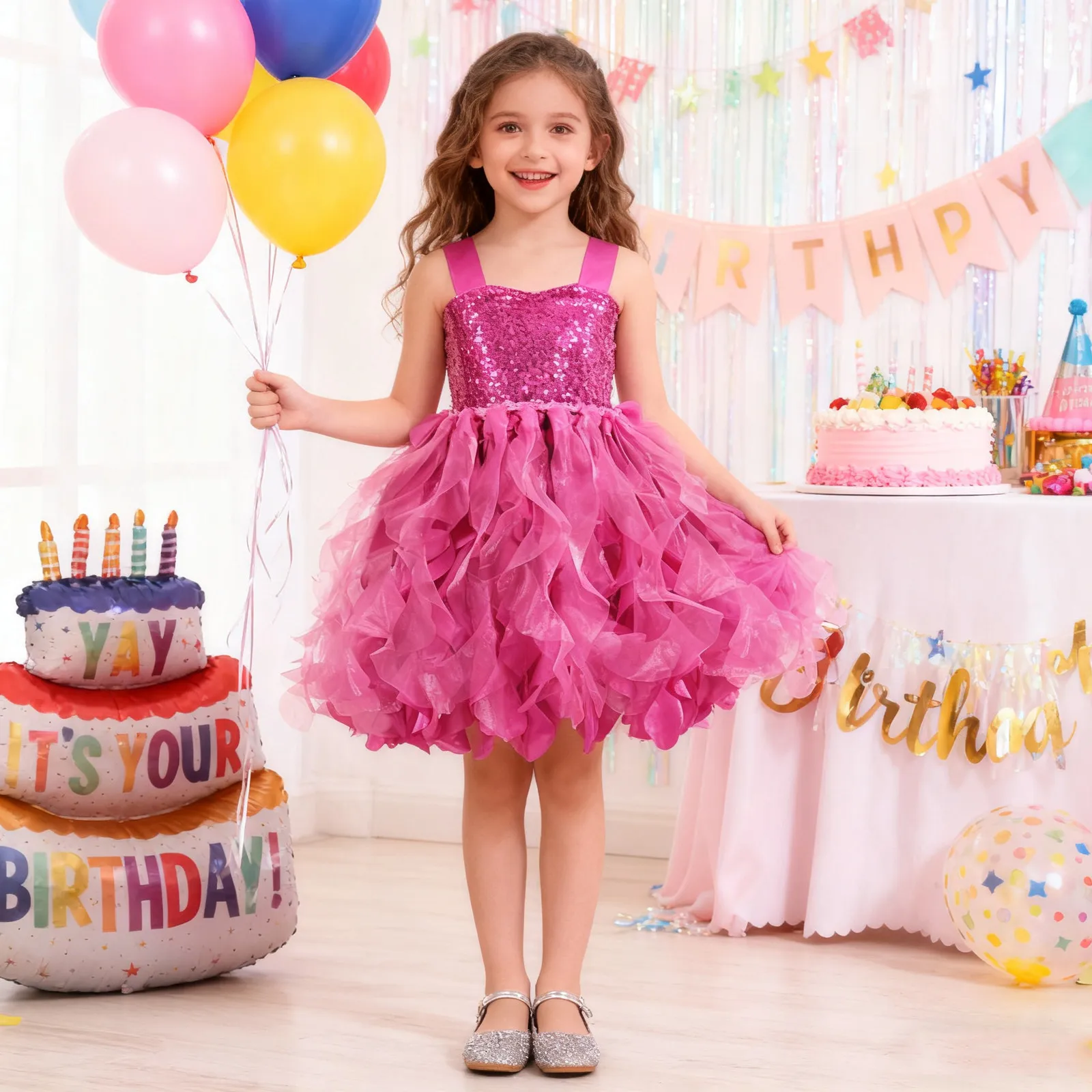 Princess Sequin Dress for Girls Double-Layered Rose Red Tiered Tulle Skirt Party Tutu Dress Toddler Birthday Dance Performance