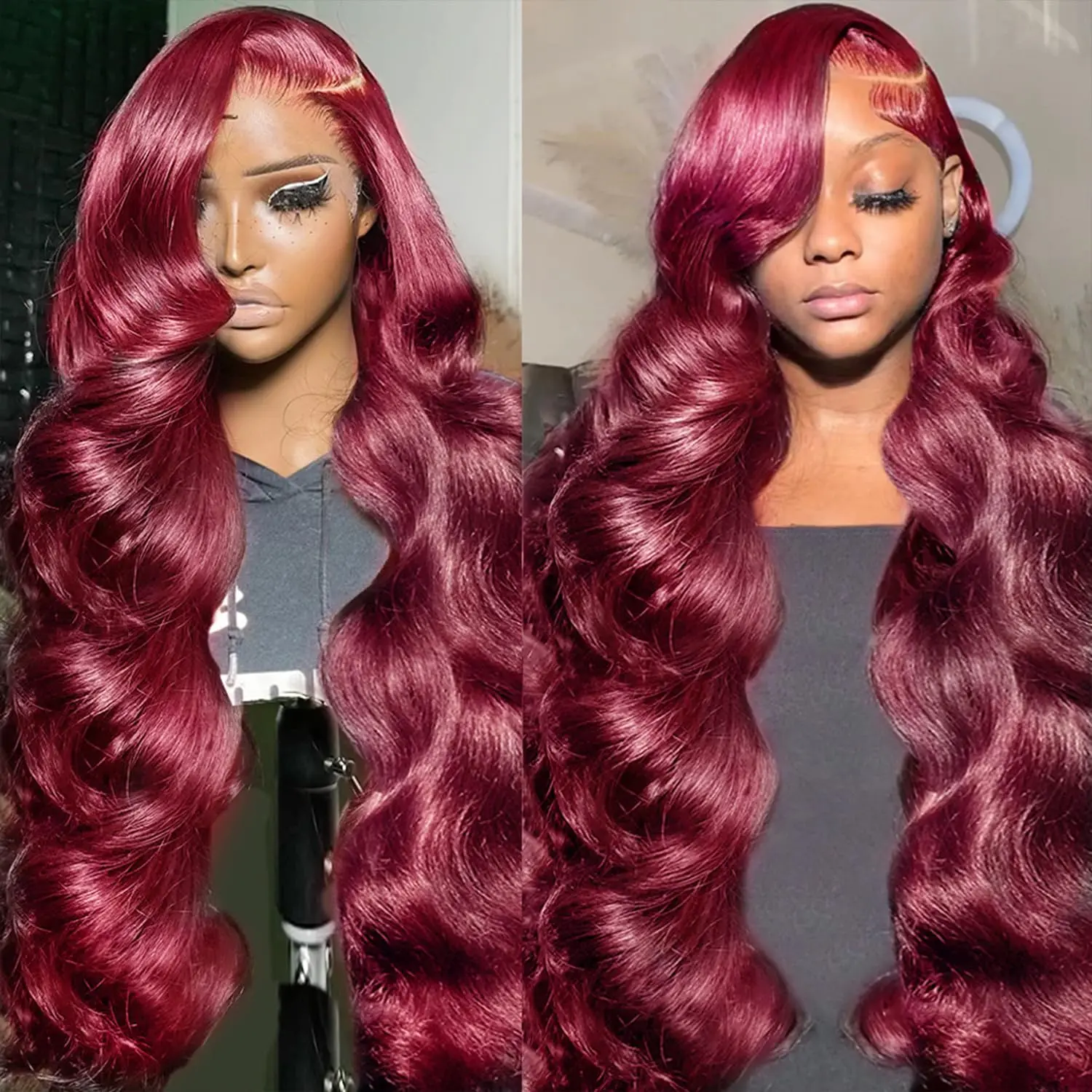 28Inch 99j Burgundy Lace Front Wigs Human Hair Pre Plucked Body Wave 13x6 HD Lace Frontal Wigs Human Hair 180 Density Wine