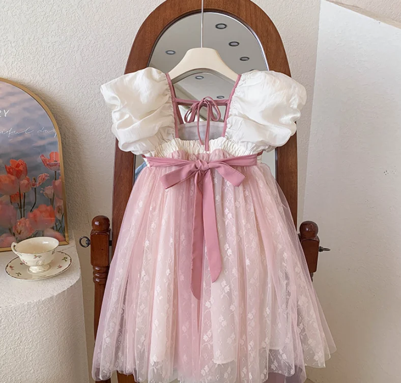 

New Baby Summer Girls Fairy Pink Puff Sleeve Mesh Dress, Princess Kids Sweet Fashion Party Dresses 3-7T