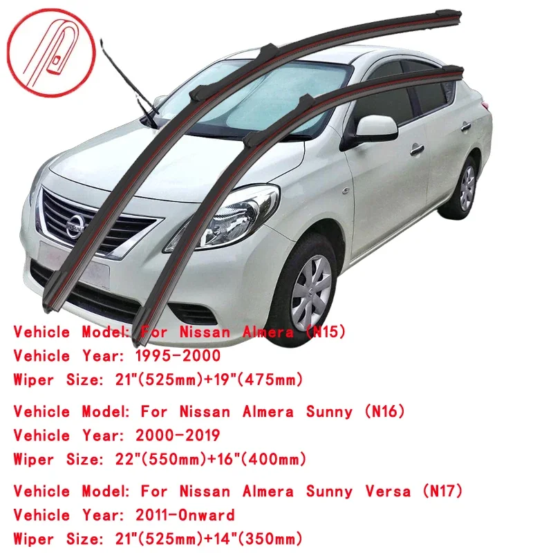 For Nissan Almera Sunny Versa N15 N16 N17 2000 2005 2006 2010 2011 2015 2016 2019 2020 2021 2022 Double Rubber Car Wiper Blades