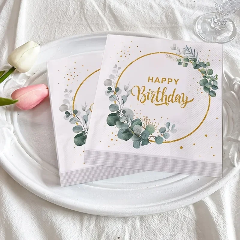 40 unids/lote, servilleta cuadrada de feliz cumpleaños con corona, tejido desechable para cafetería, Fiesta Temática, aniversario, suministros de decoración para mesa de comedor